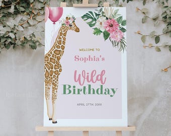 Giraffe birthday party welcome sign template wild safari birthday welcome sign any age birthday sign pink floral boho jungle animals 0315