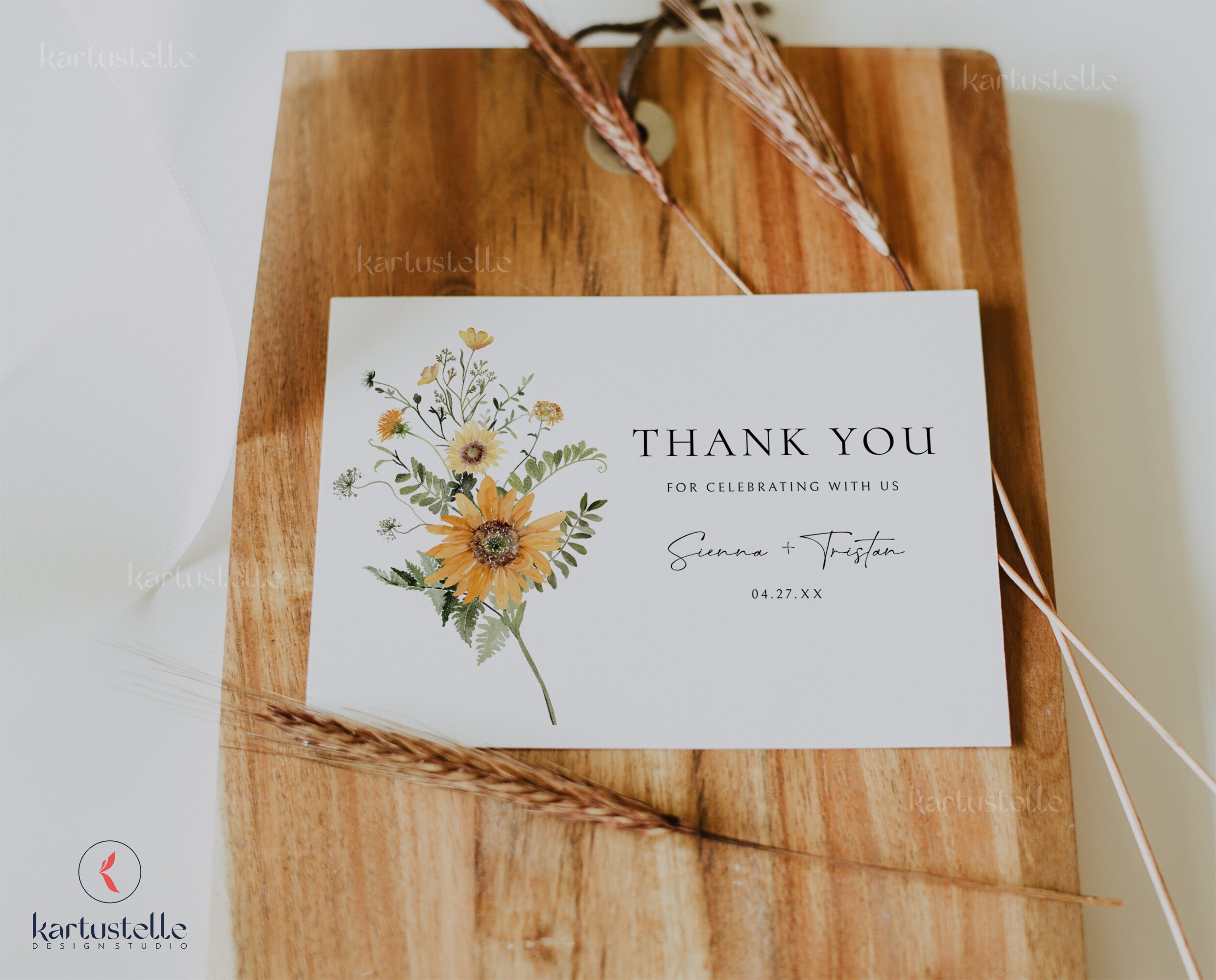 Sunflower Wedding Thank You Card Template Yellow Floral Shower Thank ...