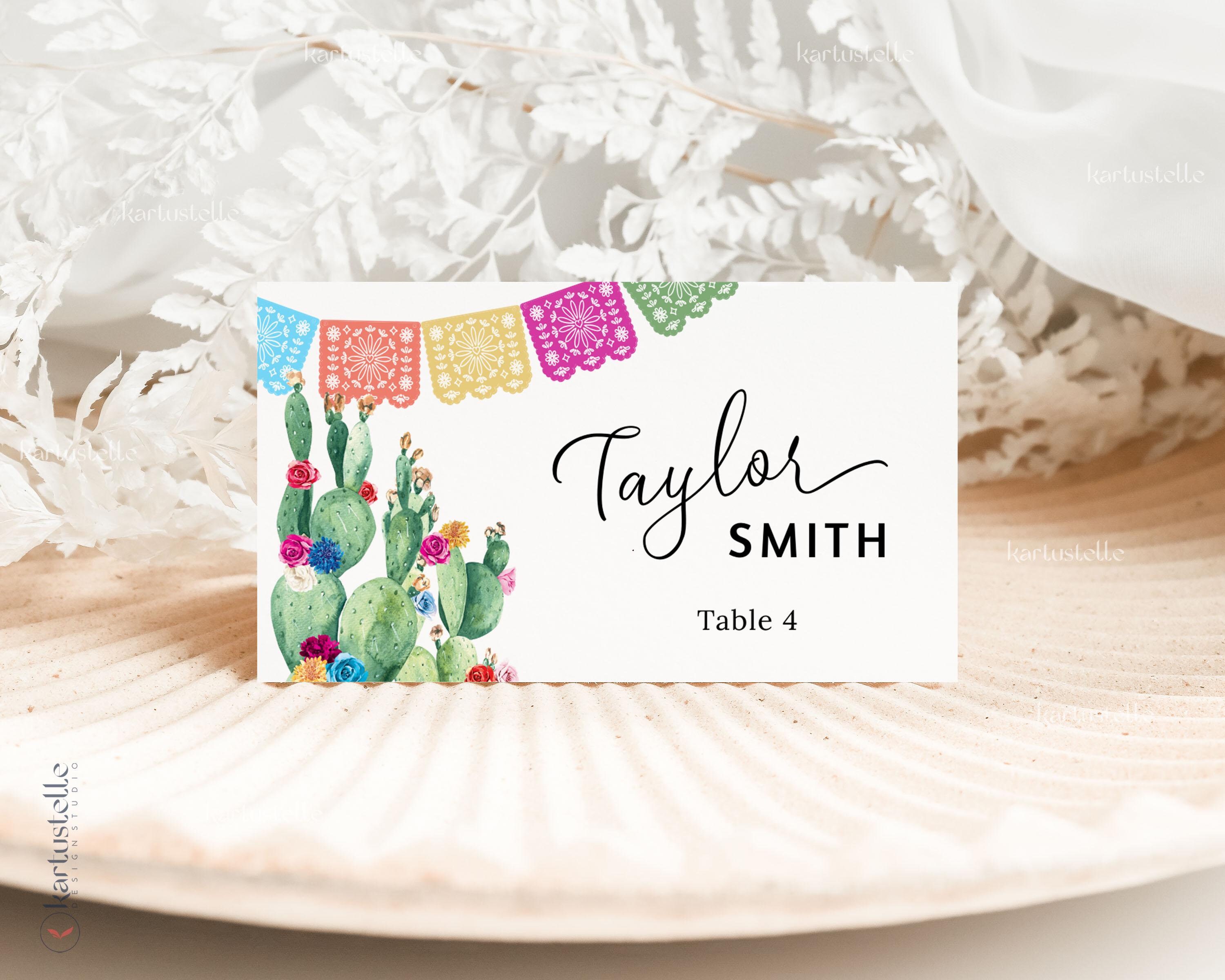 Fiesta place cards Mexican wedding name cards cactus place card template bright floral seating cards hot pink orange blue papel picado 0231