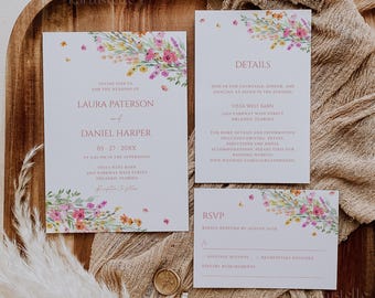 Pink floral wedding invitation set template pink wildflower wedding invitation spring yellow orange purple magenta wedding suite 0309