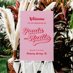 Red pink wedding welcome sign template, red and pink wedding sign, retro welcome wedding sign 70's hot pink disco groovy welcome poster 0232