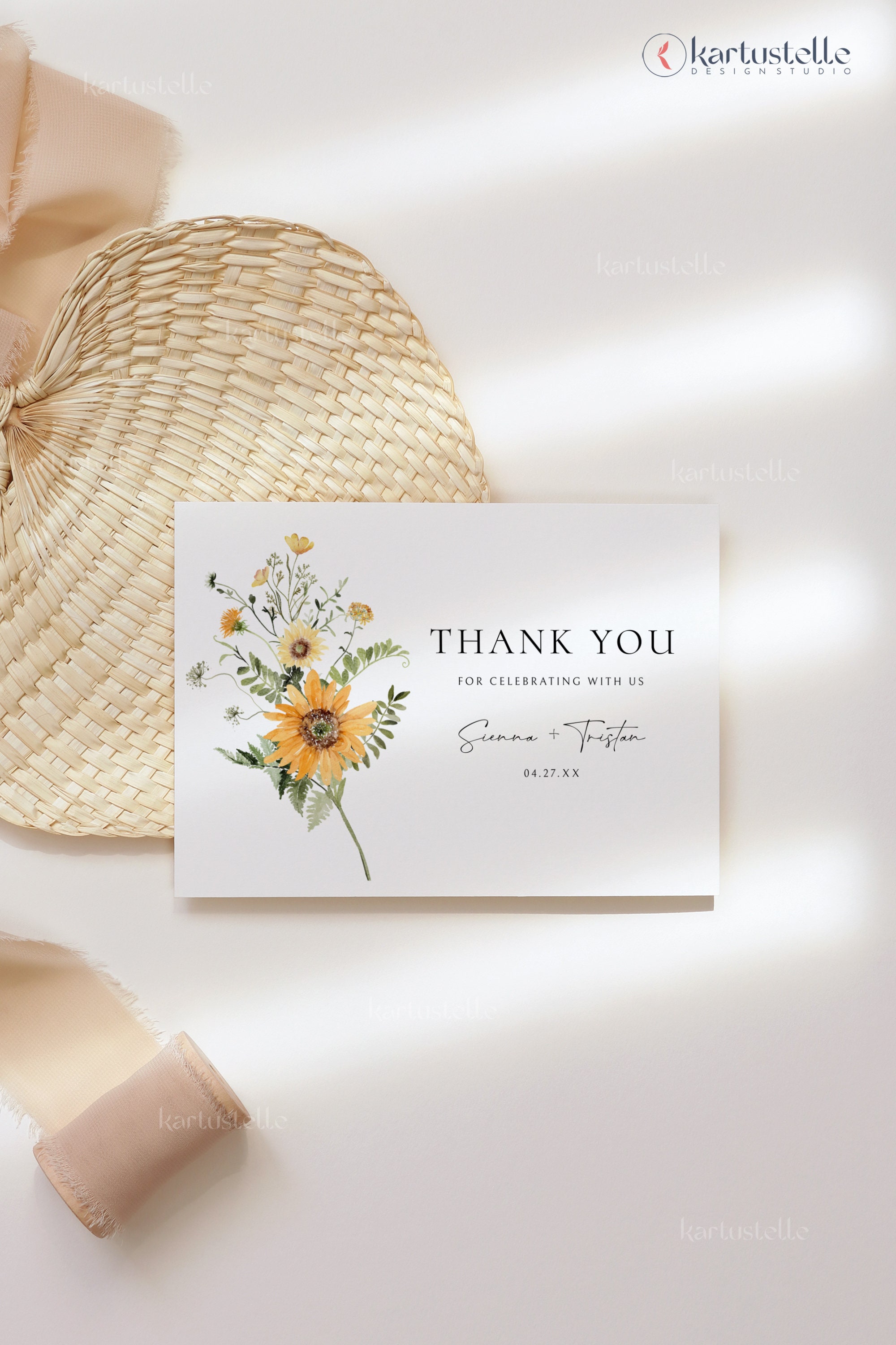 Sunflower Wedding Thank You Card Template Yellow Floral Shower Thank ...