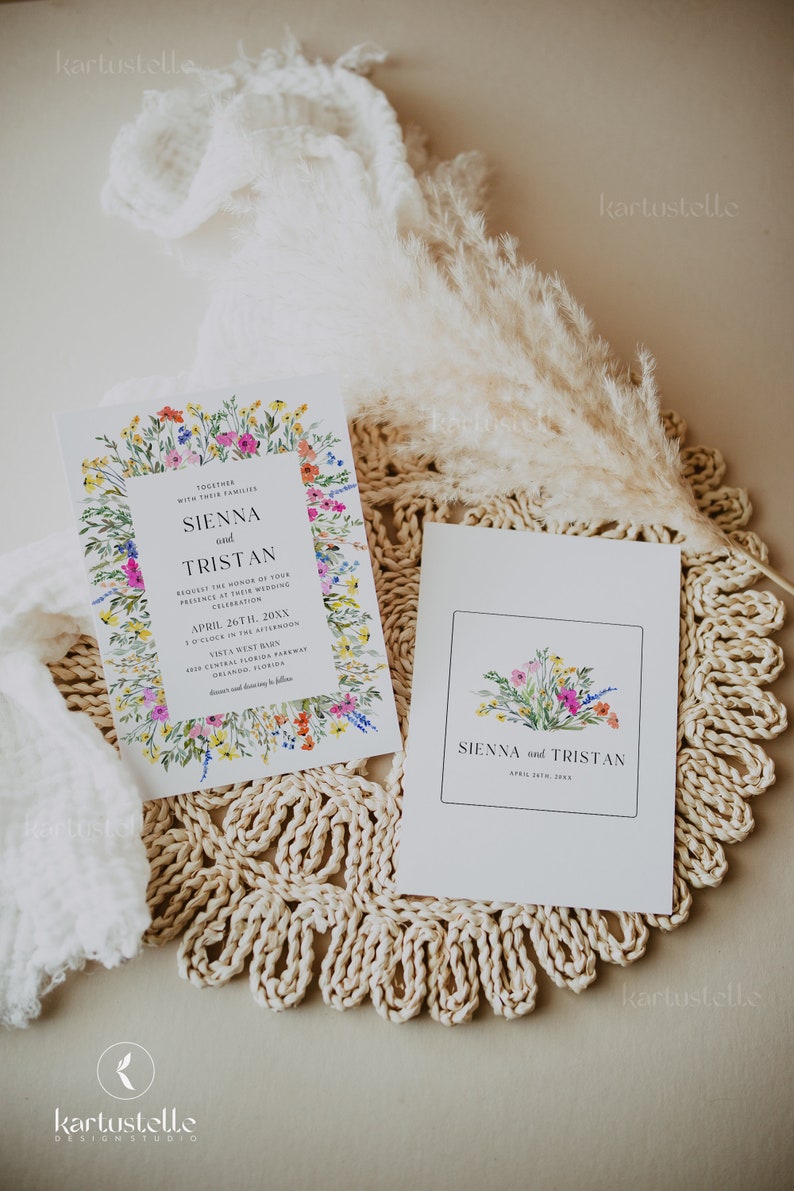 May include: Wedding invitation suite featuring floral designs. The main invitation has a floral border with the names "Sienna and Tristan" and event details. A smaller card with a floral illustration is also present.