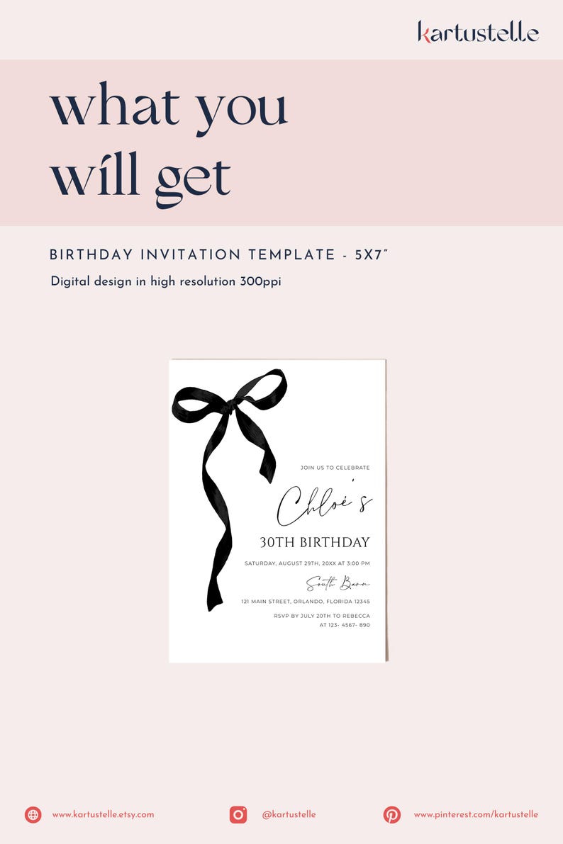 K&ouml;nnte beinhalten: Geburtstagseinladungsvorlage, 5x7 Zoll, mit einer schwarzen Schleifenillustration. Die Einladung lautet "Chloe's 30. Geburtstag" mit Veranstaltungsdetails. Das Design ist digital und hochaufl&ouml;send.