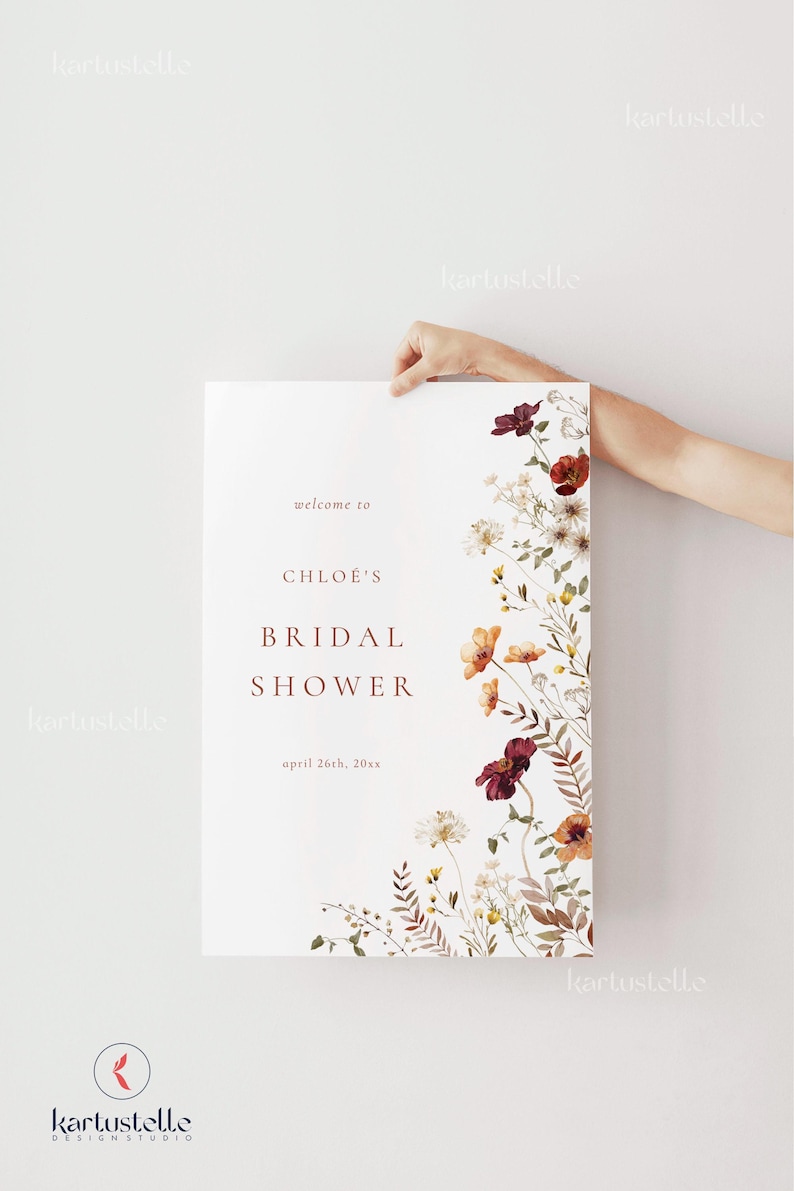 Może przedstawiać: Biały znak na przyjęcie przedślubne z kwiatową ramką. Na znaku widnieje napis "Witamy na Bridal Shower Chloe, 26 kwietnia 20xx".