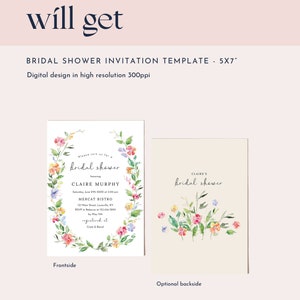 Puede incluir: Una plantilla de invitaci&oacute;n de despedida de soltera imprimible con un dise&ntilde;o de corona floral. La invitaci&oacute;n presenta una corona floral de acuarela con flores rosas, azules, amarillas y verdes. El texto de la invitaci&oacute;n dice "Por favor, &uacute;nase a nosotros para una despedida de soltera en honor a Claire Murphy, el s&aacute;bado 27 de junio de 20XX a las 3:00 pm, Mercat Bistro, 121 Main Street, Louisville, KY, RSVP a Rebecca al 121.456.7890 antes del 15 de mayo, registrado en Crate & Barrel."