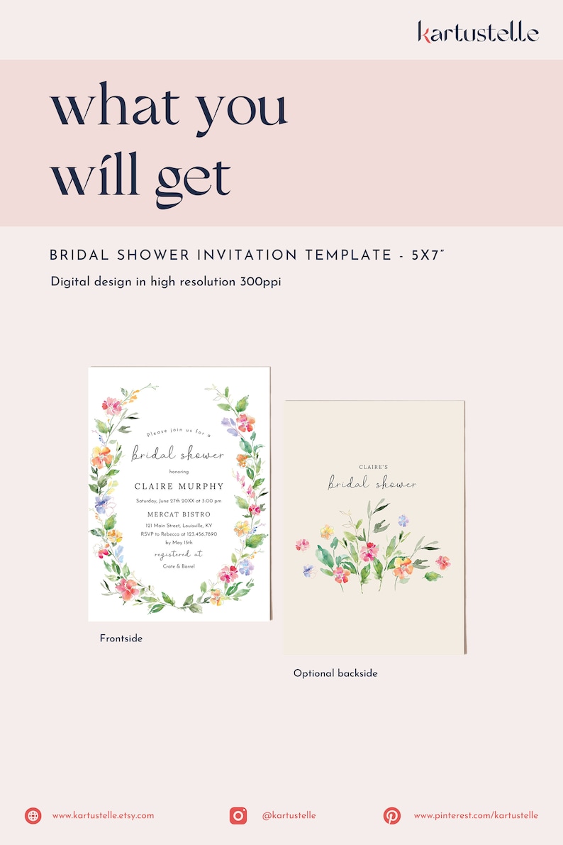 Puede incluir: Una plantilla de invitaci&oacute;n de despedida de soltera imprimible con un dise&ntilde;o de corona floral. La invitaci&oacute;n presenta una corona floral de acuarela con flores rosas, azules, amarillas y verdes. El texto de la invitaci&oacute;n dice "Por favor, &uacute;nase a nosotros para una despedida de soltera en honor a Claire Murphy, el s&aacute;bado 27 de junio de 20XX a las 3:00 pm, Mercat Bistro, 121 Main Street, Louisville, KY, RSVP a Rebecca al 121.456.7890 antes del 15 de mayo, registrado en Crate & Barrel."