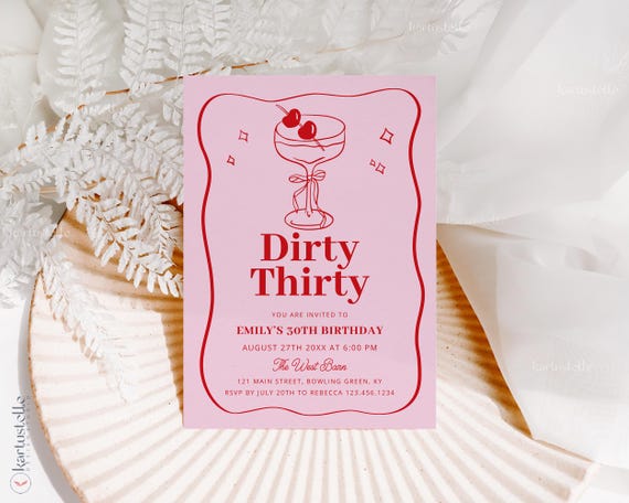 Dirty thirty birthday invitation template, cherry martini invitation any age dirty martini hand drawn cherry red and pink coquette bow 0344