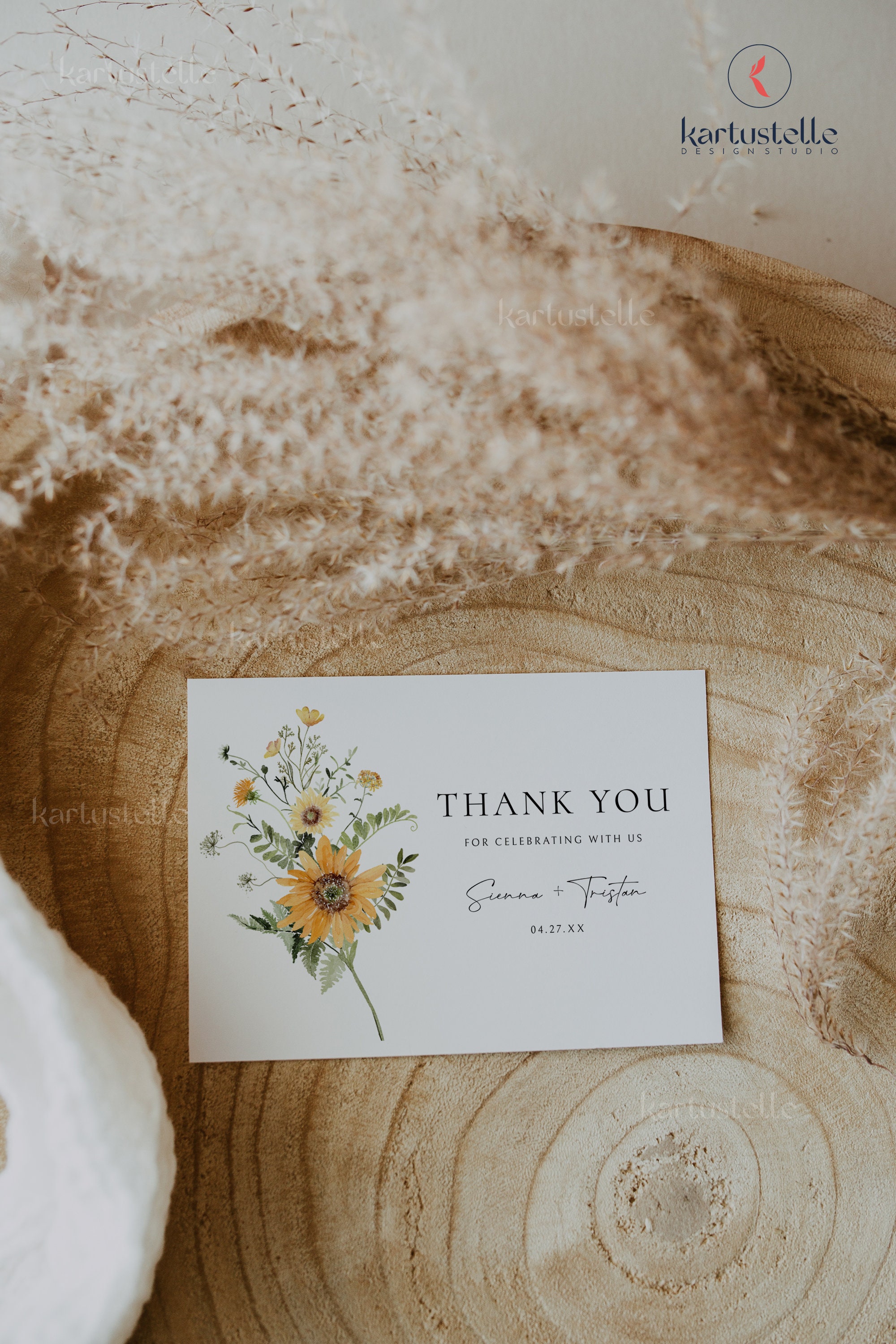 Sunflower Wedding Thank You Card Template Yellow Floral Shower Thank ...
