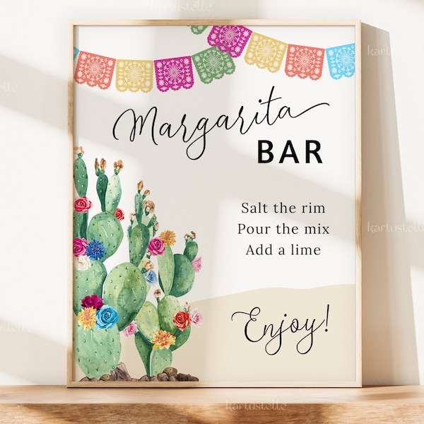 Fiesta margarita bar sign template, Mexican wedding bar sign, cactus bar menu sign, bright floral bar menu wedding hot pink orange blue 0231