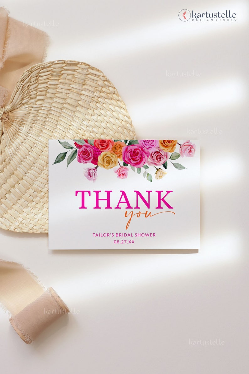 Pink Orange Bridal Shower Thank You Card Template Hot Pink Floral Thank
