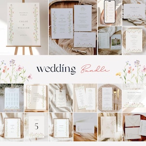 May include: A wedding invitation bundle with a floral theme. The cards feature a watercolor illustration of delicate wildflowers in shades of pink, purple, and green. The text on the cards includes "Welcome to the wedding of Chloe & William", "Details", "RSVP", "Thank You", "Wishing Well", "Table 5", and "Cards & Gifts".