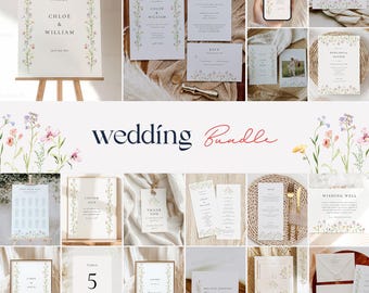 Dainty delicate floral wedding invitation bundle template wildflower wedding suite spring summer elegant wild floral field colorful 0279