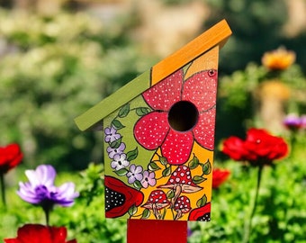 Hand Painted Floral Birdhouse – Welcoming Red Flower Whimsical Garden Decor