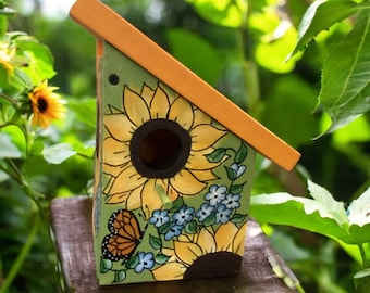 Welcoming Sunflower Birdhouse – Hand Painted Outdoor Bird House with Butterflies & Florals – Clean-Out Panel