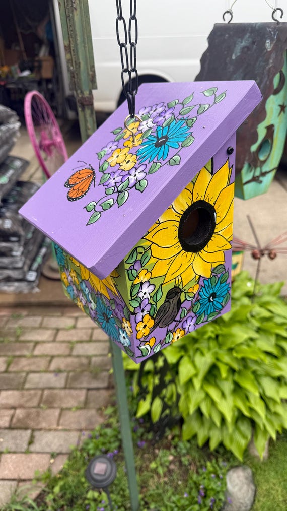 Hand Painted Birdhouse: Colorful Floral Design, Outdoor Garden Decor