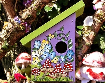 Mushroom Meadow Birdhouse – Hand Painted Purple and Green Cottage Garden Decor – Outdoor Ready