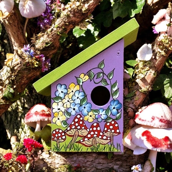Hand Painted Birdhouse: Mushroom & Floral Garden Decor