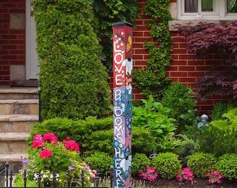 Hand Painted Floral Garden Post – "Love Blooms Here" Outdoor Art