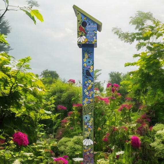 Floral Garden Birdhouse with Post set: Whimsical Outdoor Decor