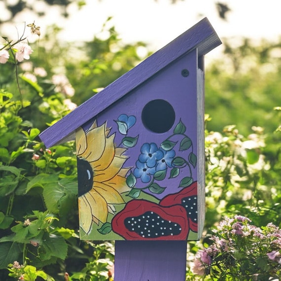 Hand-Painted Floral Birdhouse: Purple Wooden Garden Decor