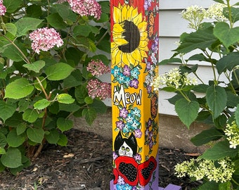 Cat Garden Post – Hand Painted Whimsical Feline Yard Art – 24" or 48" – Optional Stand