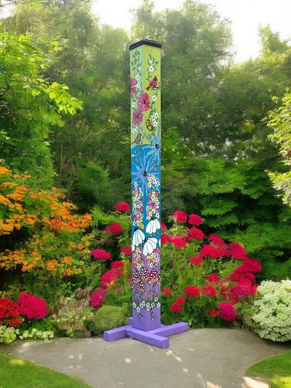 Handcrafted Garden Post: Whimsical Birds & Buds Outdoor Decor