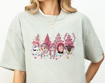 Comfort Colors Pink Christmas Characters Shirt, Cute Winter Holiday Shirt, Pink Christmas Tree Shirt, Frozen Inspired Xmas Shirt ,Family Tee