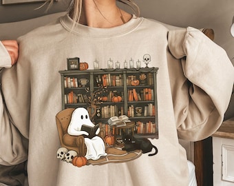 Retro Ghost Reading Books Sweatshirt, Librarian Halloween Hoodie, Halloween Teacher Shirt, Halloween Shirt, Teacher Gift, Boo School Shirt