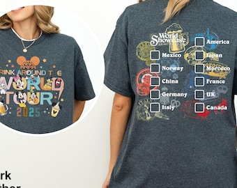 Epcot World Tour 2025 Passport Shirt, Drink Around The World Tour Two Sided Shirt, Epcot World Showcase, Mickey And Friends Drinking Shirt