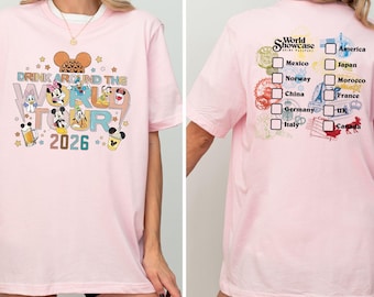 Epcot World Tour 2026 Passport Shirt, Drink Around The World Tour Two Sided Shirt, Epcot World Showcase, Mickey And Friends Drinking Shirt