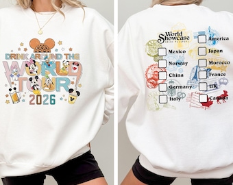 Epcot World Tour 2026 Passport Sweatshirt, Drink Around The World Tour Two Sided Hoodie, Epcot World Showcase, Mickey And Friends Drinking