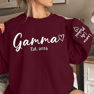 Personalized Gamma Sweatshirt with Grandkids’ Names on Sleeve, Custom Grandma Est Year Crewneck, Mother’s Day & Birthday Gift, Grandma Gift