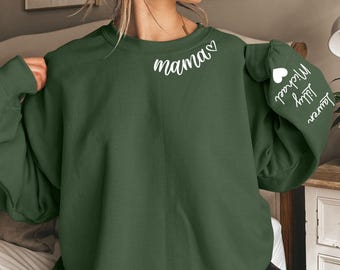 Personalized Mama Sweatshirt with Kids’ Names on Sleeve, Custom Mama Crewneck, Custom Neck Mama Shirt Children Names,Custom Mama Sweatshirt
