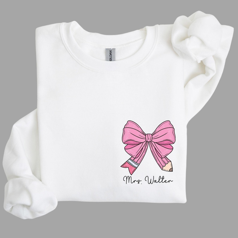 custom name teacher pink coquette bow pencil sweatshirt with pocket size design