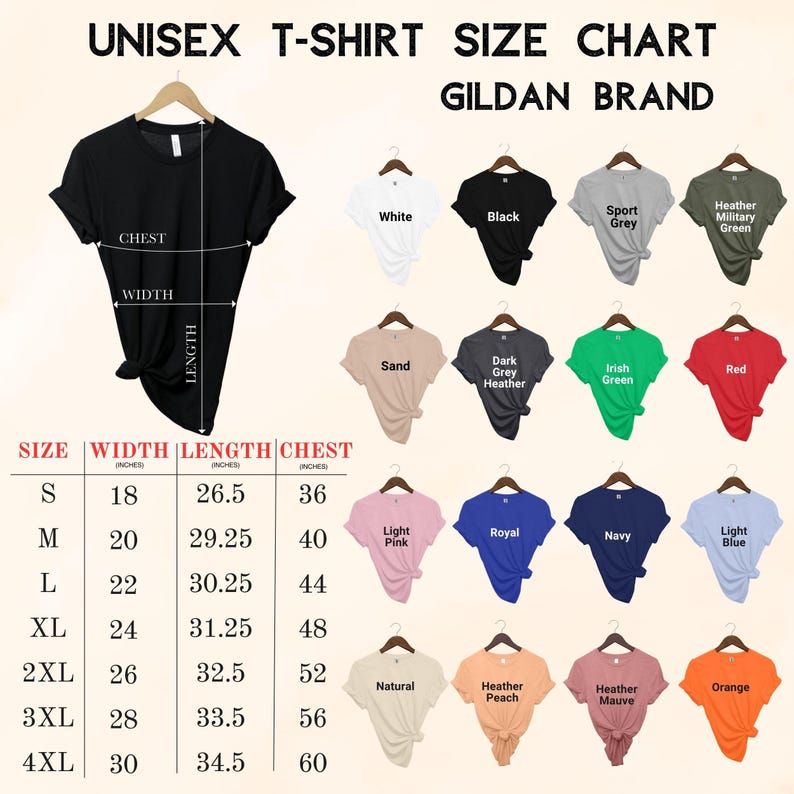 May include: A unisex t-shirt size chart from Gildan Brand. The chart displays various t-shirt colors, including white, black, and red. Measurements are in inches, with sizes ranging from S to 4XL. The chart shows chest, width, and length measurements.