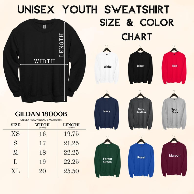 a sweatshirt size chart for a youth sweat shirt