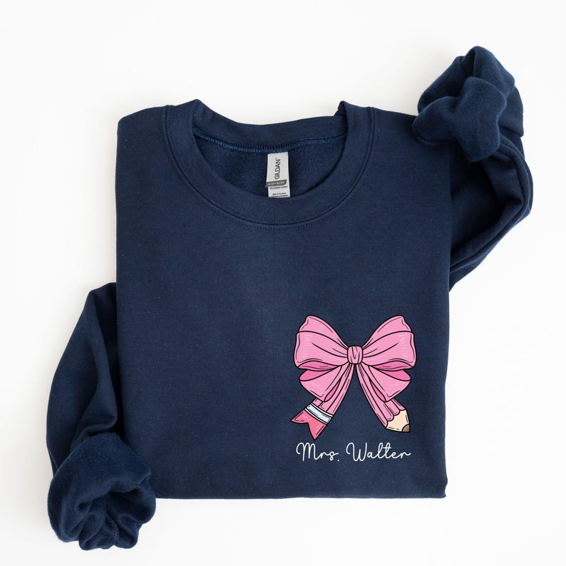 custom name teacher pink coquette bow pencil sweatshirt with pocket size design