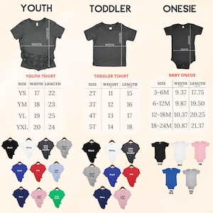 May include: Image showing size charts for youth, toddler t-shirts, and baby onesies. The charts display measurements in inches for width and length. Various t-shirt and onesie colors are also displayed, including black, white, and navy.