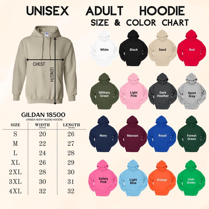 a hoodie size chart for a child's size and color chart