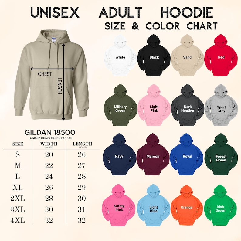 a hoodie size chart for a child's size and color chart
