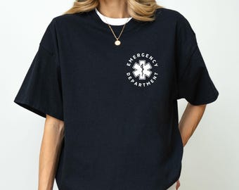 May include: Black t-shirt with a white graphic of a medical symbol and the text "Emergency Department".