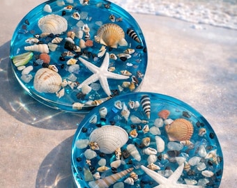 Ocean Resin Coasters Set – Beach Themed Drinkware with Seashells & Starfish