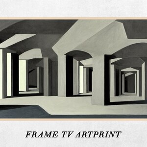 Pode incluir: Impressão de arte abstrata com um design geométrico em preto e branco de uma série de arcos e colunas. A impressão tem um estilo texturizado e pictórico e está emoldurada em uma moldura marrom clara. O texto "FRAME TV ARTPRINT" está impresso abaixo da imagem.