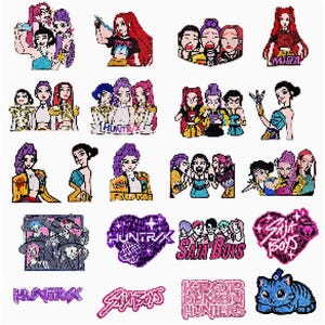 May include: A collection of pixel art stickers featuring various anime-style characters with colorful hair, including groups and individuals. Text elements include "MIRA", "HUNTR/X", "ZOR", "RUMI", "SAJA BOYS", and "KPOP DEMON HUNTERS". A blue cat character is also included.