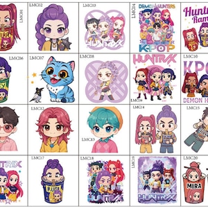 May include: A collection of cartoon illustrations featuring anime-style characters. The images include characters in various poses, some holding cups or containers with names like "MIRA" and "RUMI". The text "KPOP" and "HUNTRIX" are also visible.