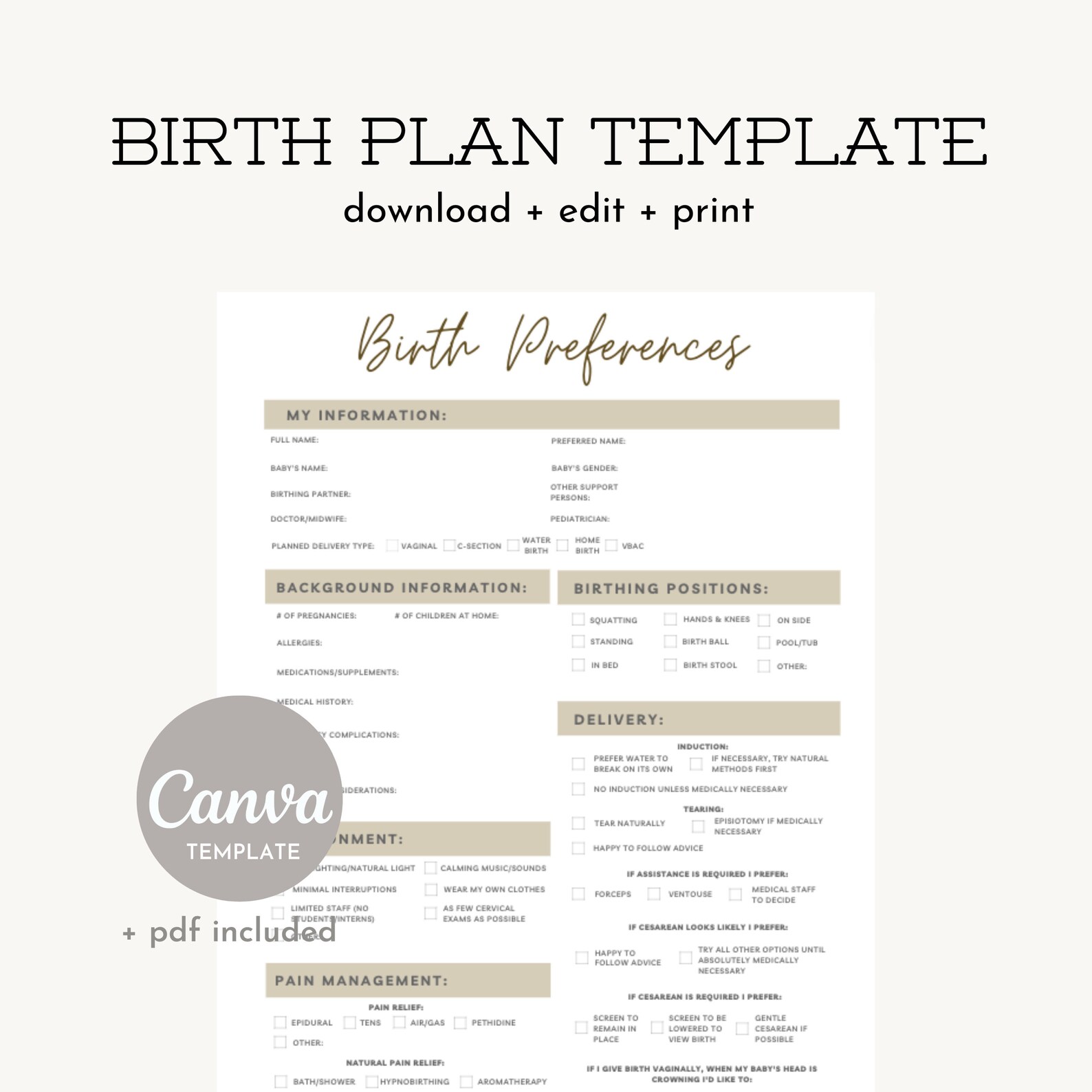 Editable Birth Plan Template Canva Template Simple Printable Etsy Editable Birth Plan Template Canva Template Simple Printable Etsy