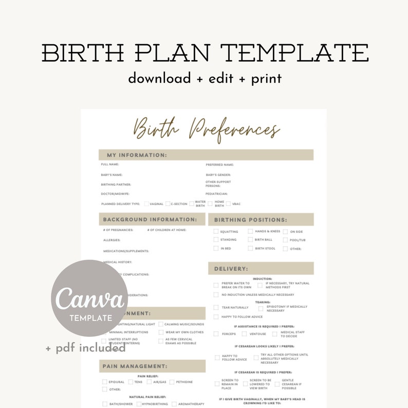 Editable Birth Plan Template Canva Template Simple Printable - Etsy
