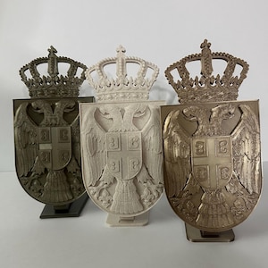 Serbian Coat of Arms – 3D Printed Relief Emblem with Stand | Wall-Mountable | Gold, Bronze, Marble Coffee