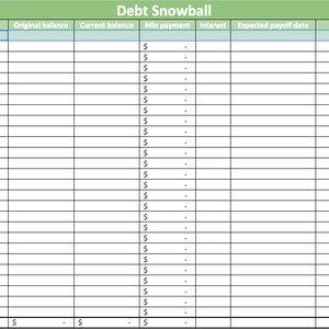 May include: A green and white table with a debt snowball chart. The chart has columns for debt, original balance, current balance, minimum payment, interest, expected payoff date, and notes.